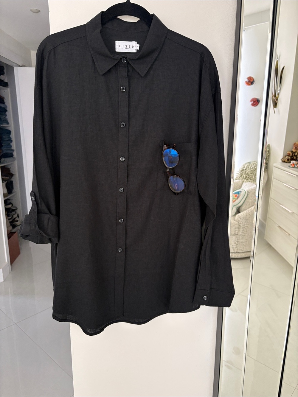 Risen Linen Blend Black Button-Down Relaxed Fit Shirt